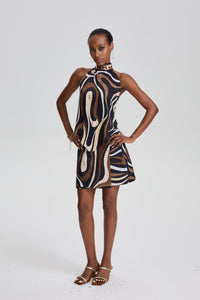 Elodie Abstract Swirl Print Halter Layered Mini Dress in Brown