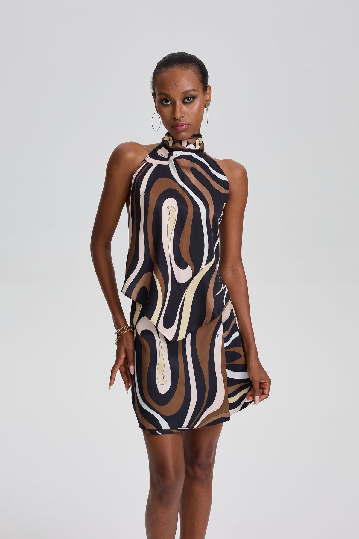 Elodie Abstract Swirl Print Halter Layered Mini Dress in Brown