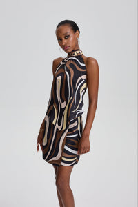 Elodie Abstract Swirl Print Halter Layered Mini Dress in Brown