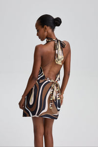 Elodie Abstract Swirl Print Halter Layered Mini Dress in Brown