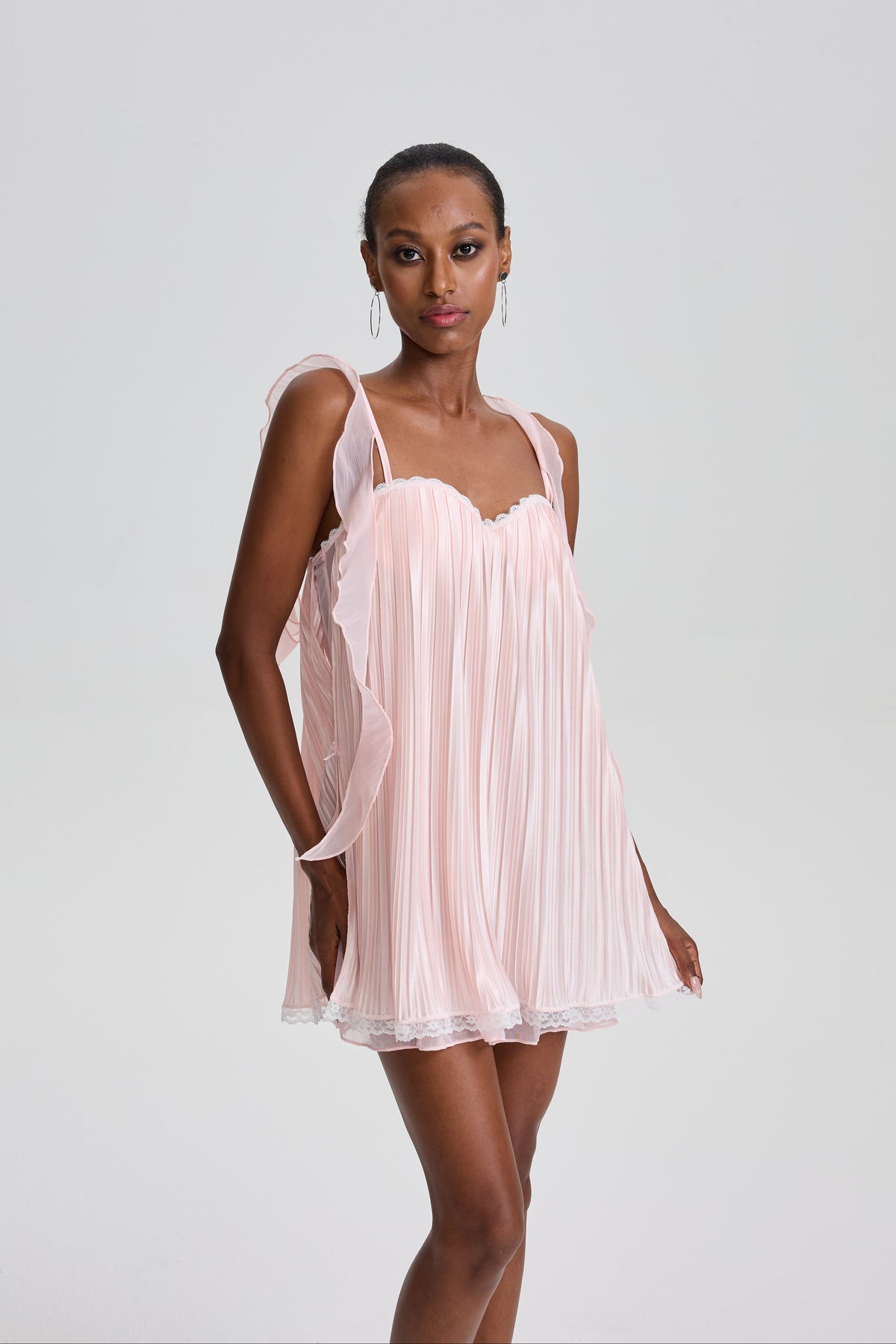 Rhema Pleated Ruffle Strap Lace Trim Slip Mini Dress