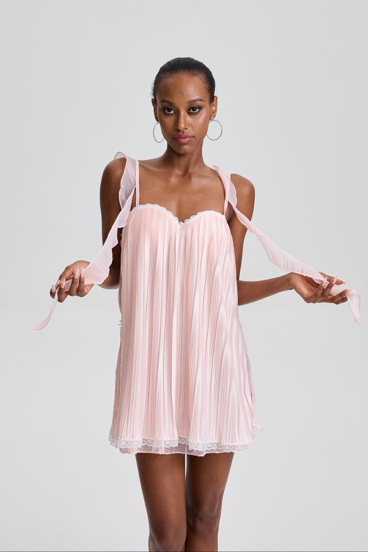 Rhema Pleated Ruffle Strap Lace Trim Slip Mini Dress