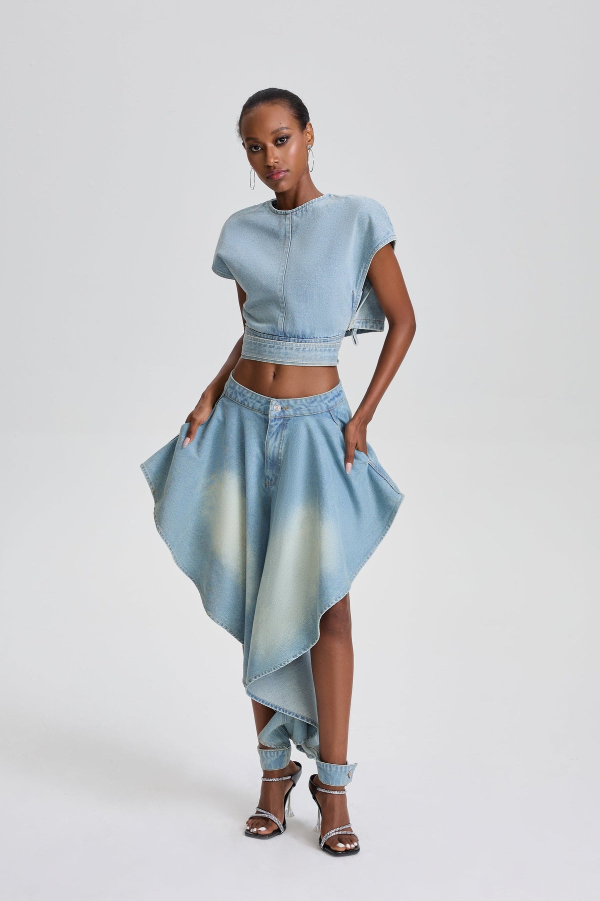 Edita Denim Crop Top& Irregular Asymmetrical Flare Skirt Set