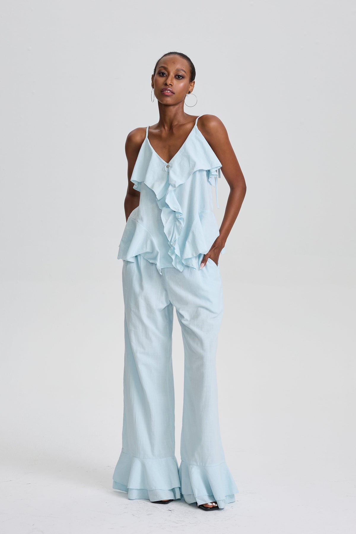 Cevher Ruffle Spaghetti Strap Top & Flared Pant Set