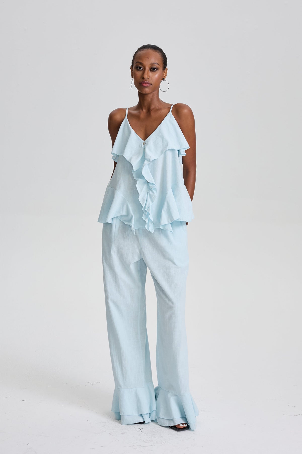 Cevher Ruffle Spaghetti Strap Top & Flared Pant Set