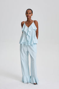 Cevher Ruffle Spaghetti Strap Top & Flared Pant Set