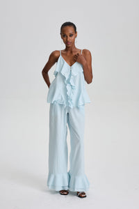 Cevher Ruffle Spaghetti Strap Top & Flared Pant Set