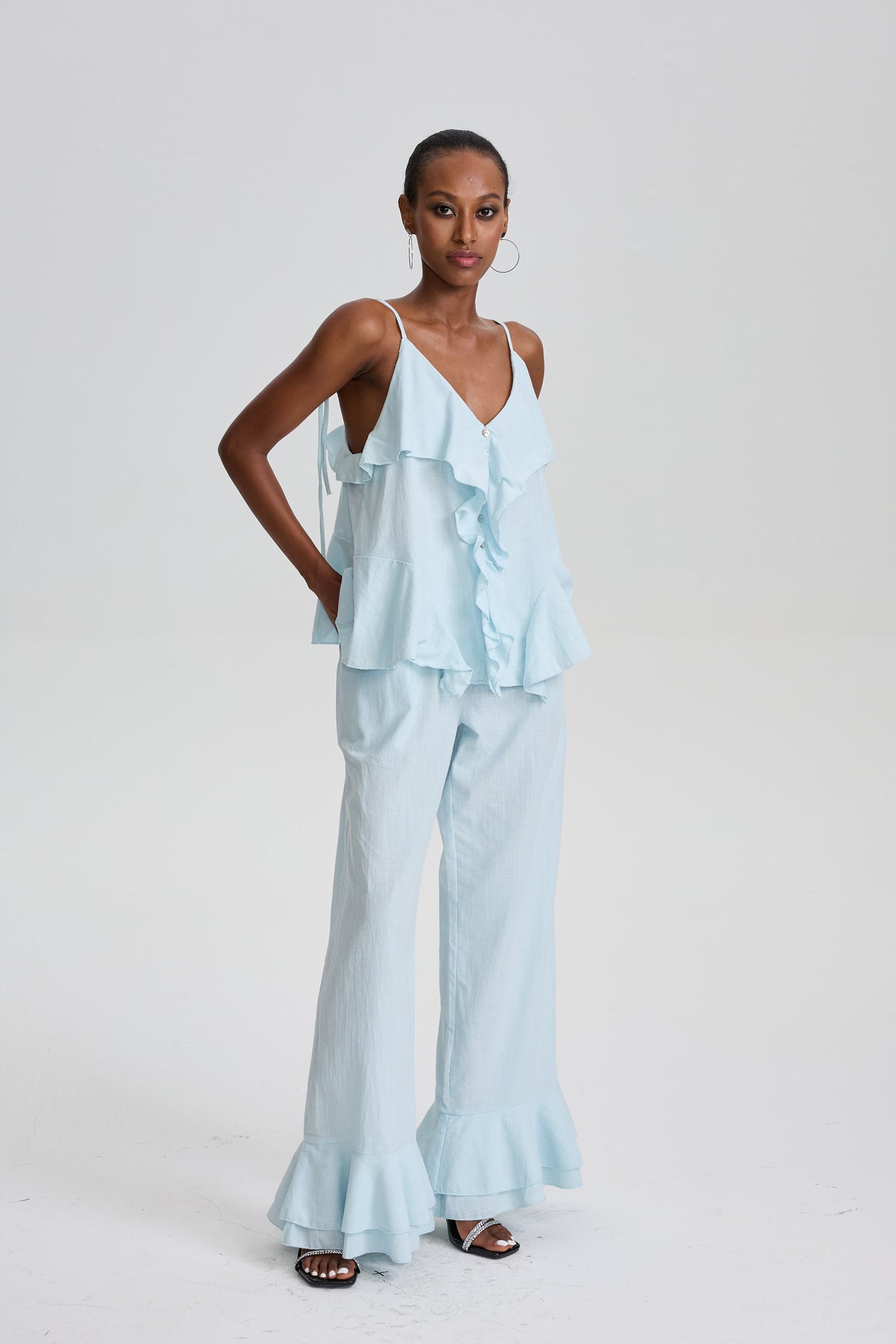Cevher Ruffle Spaghetti Strap Top & Flared Pant Set