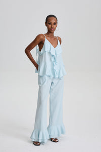 Cevher Ruffle Spaghetti Strap Top & Flared Pant Set