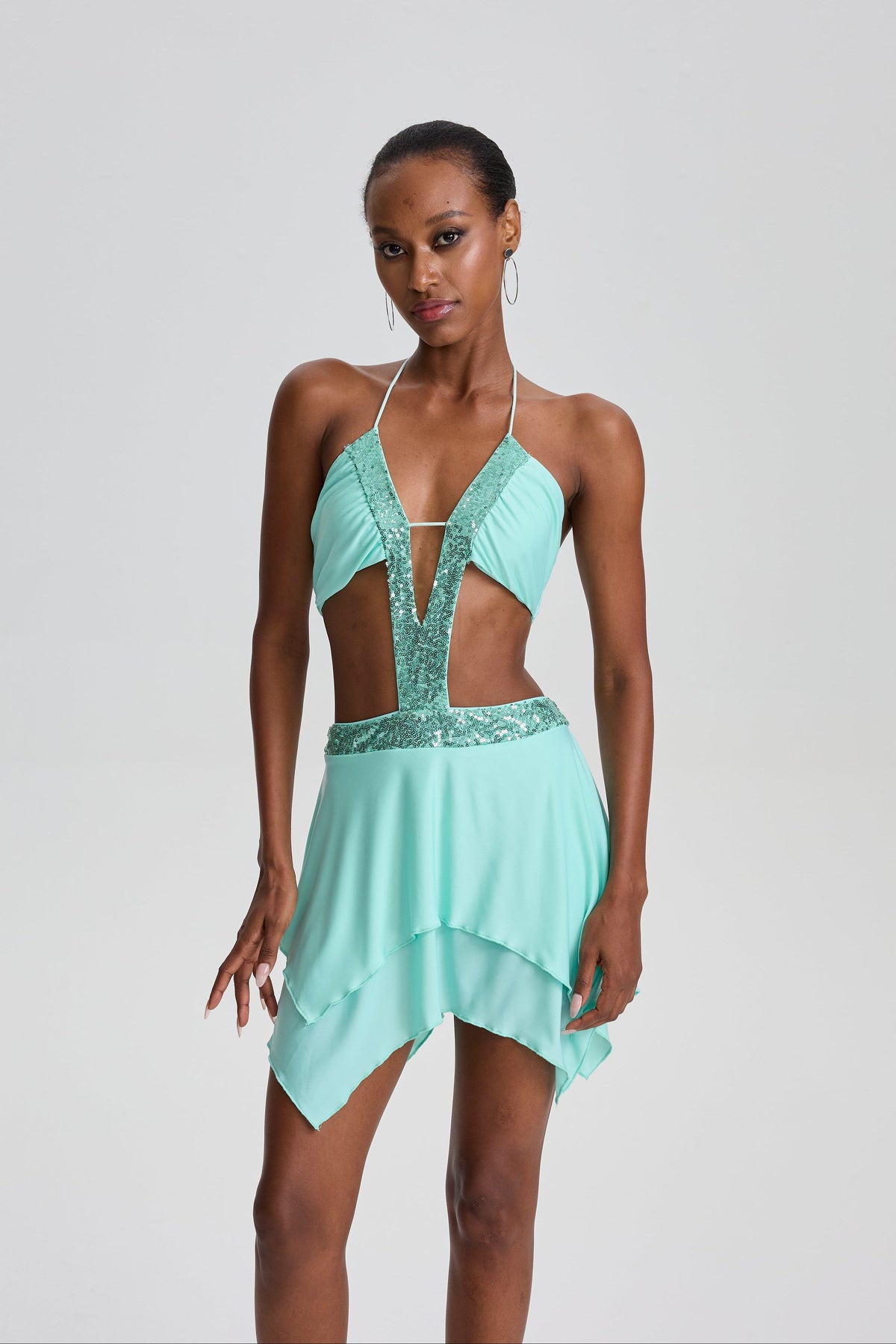 Massimo  Sequin Halter Cutout Ruffled Mini Dress