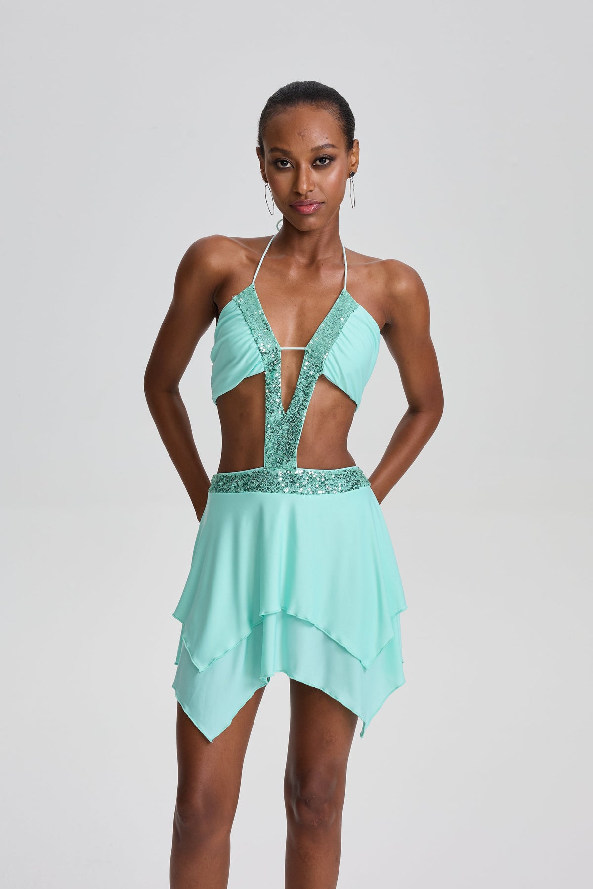 Massimo  Sequin Halter Cutout Ruffled Mini Dress