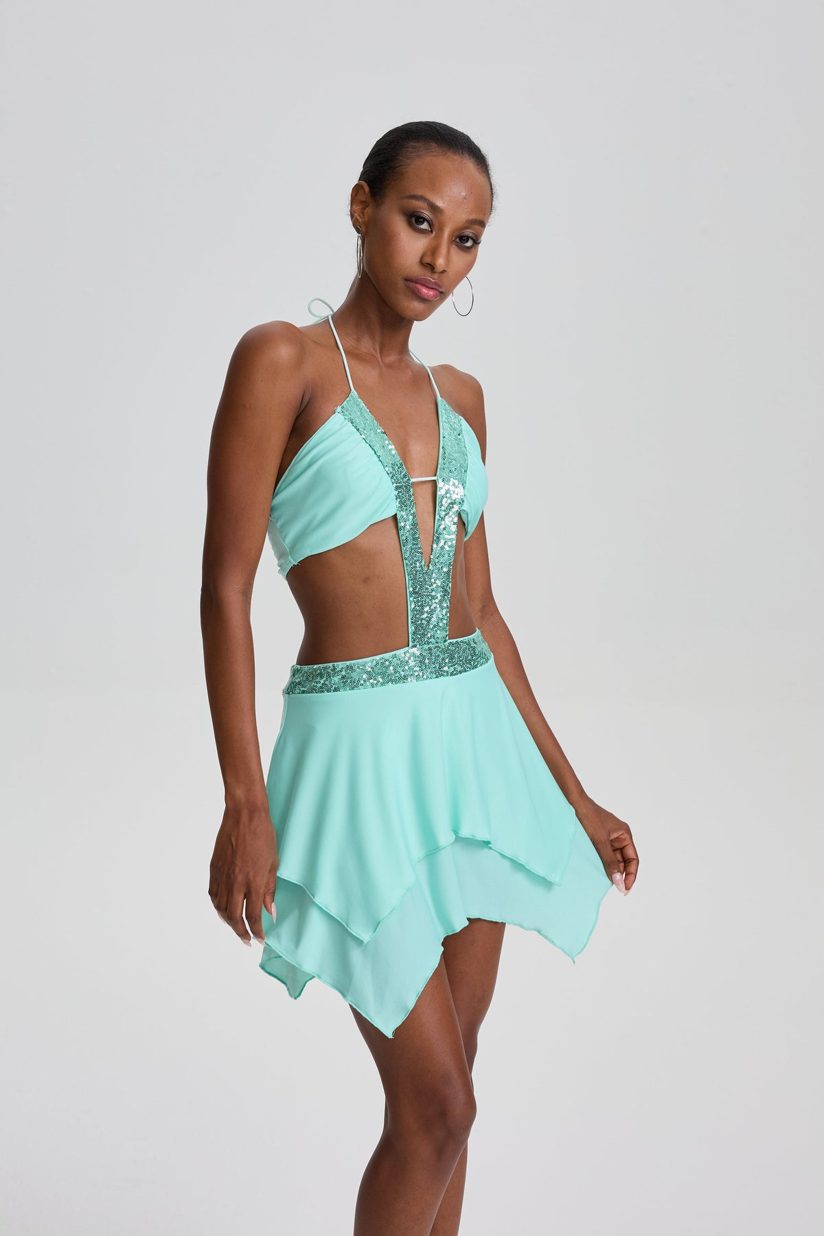 Massimo  Sequin Halter Cutout Ruffled Mini Dress