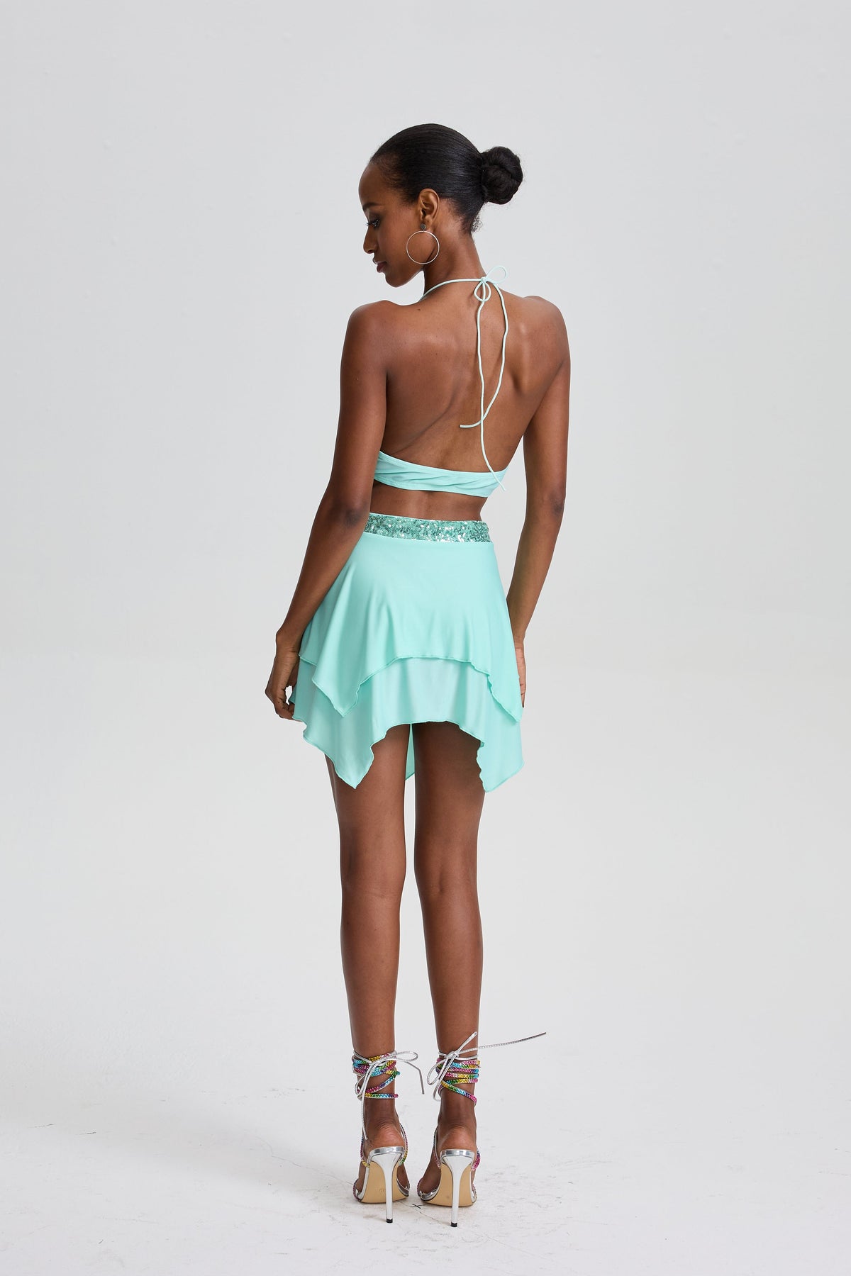 Massimo  Sequin Halter Cutout Ruffled Mini Dress