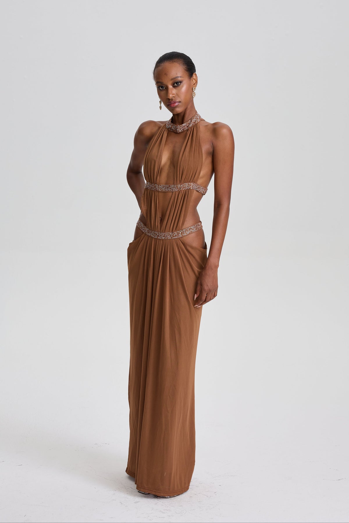 Parastoo Plunge Backless Cutout Maxi Dress In Brown