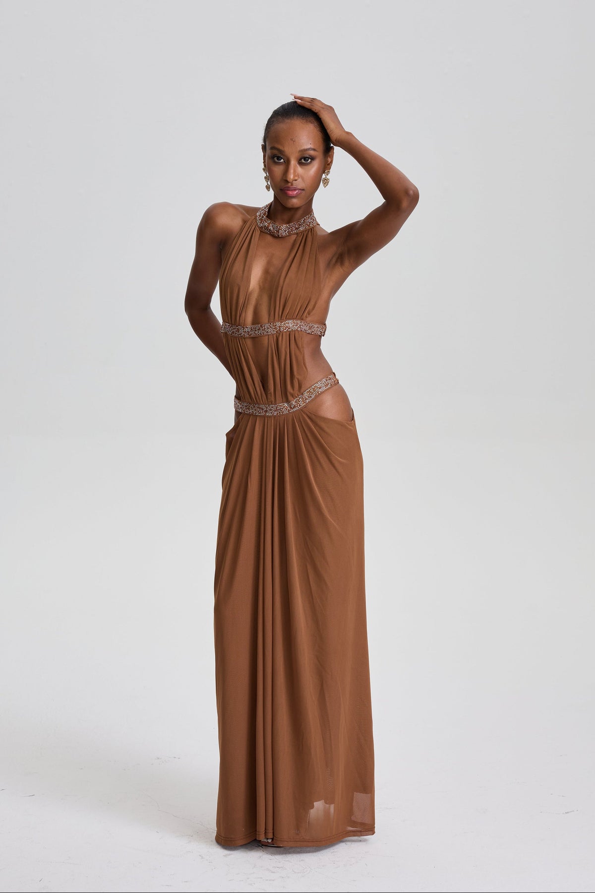 Parastoo Plunge Backless Cutout Maxi Dress In Brown