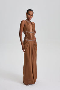 Parastoo Plunge Backless Cutout Maxi Dress In Brown