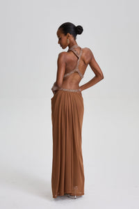 Parastoo Plunge Backless Cutout Maxi Dress In Brown