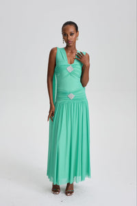 Beppe V-Neck Ruched Maxi Dress with Rhinestone Decor