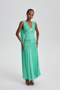 Beppe V-Neck Ruched Maxi Dress with Rhinestone Decor