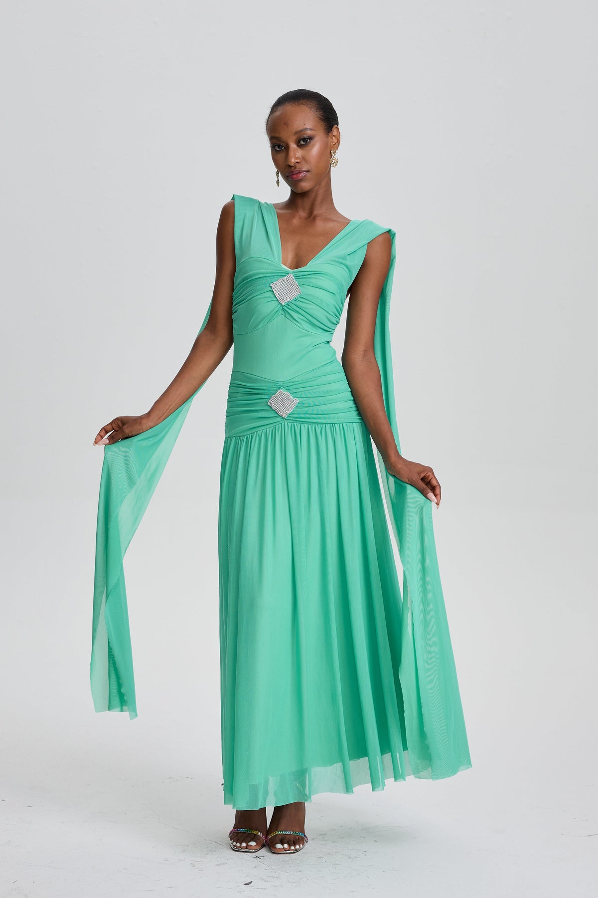 Beppe V-Neck Ruched Maxi Dress with Rhinestone Decor