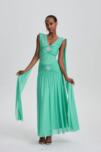 Beppe V-Neck Ruched Maxi Dress with Rhinestone Decor