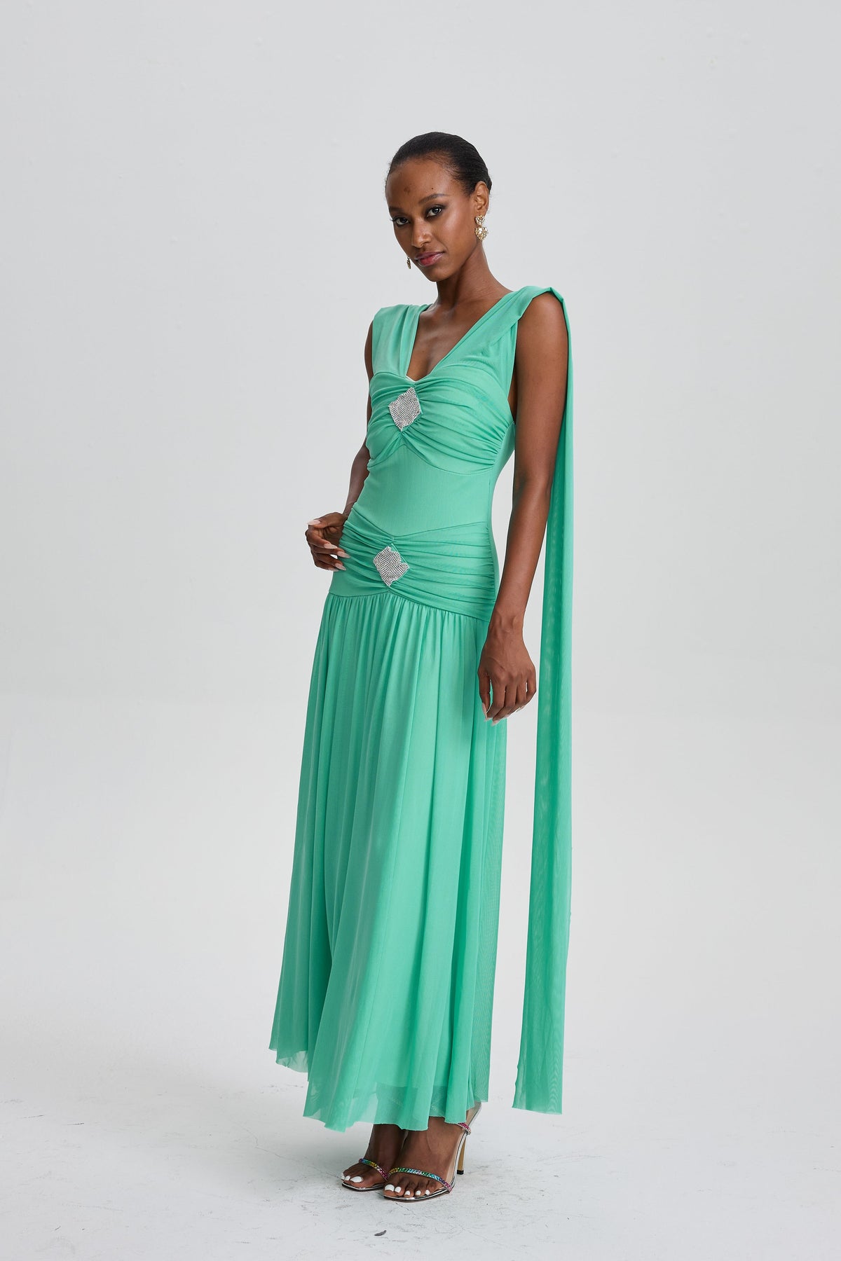 Beppe V-Neck Ruched Maxi Dress with Rhinestone Decor