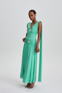 Beppe V-Neck Ruched Maxi Dress with Rhinestone Decor