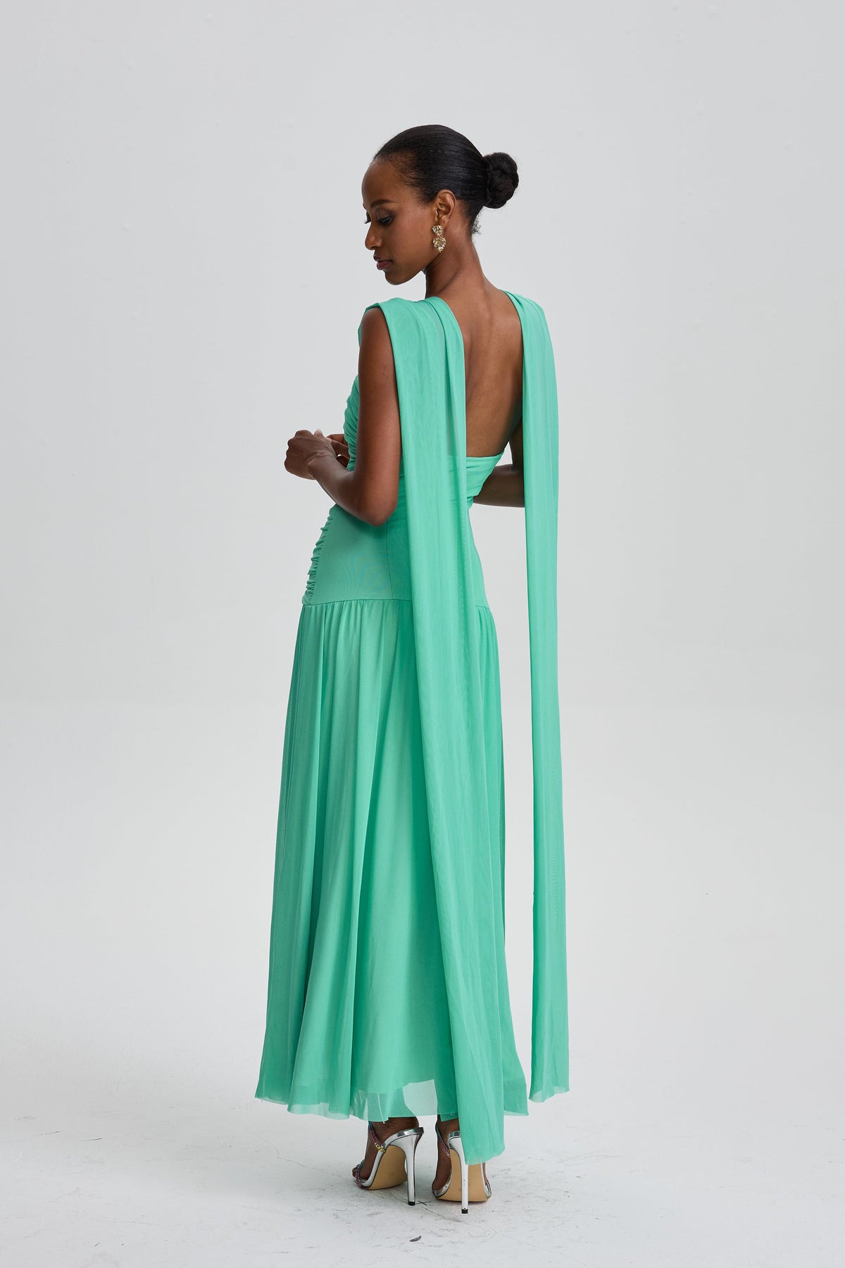Beppe V-Neck Ruched Maxi Dress with Rhinestone Decor