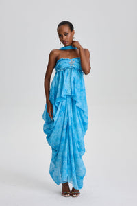 Iphigenia Floral Strapless Ruffled Maxi Dress with Star Rhinestone Deco