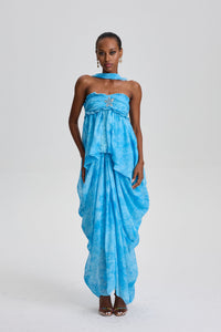 Iphigenia Floral Strapless Ruffled Maxi Dress with Star Rhinestone Deco
