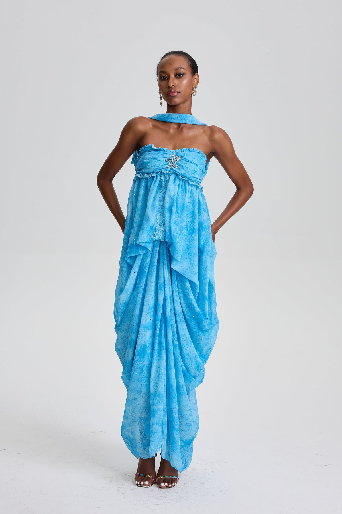 Iphigenia Floral Strapless Ruffled Maxi Dress with Star Rhinestone Deco