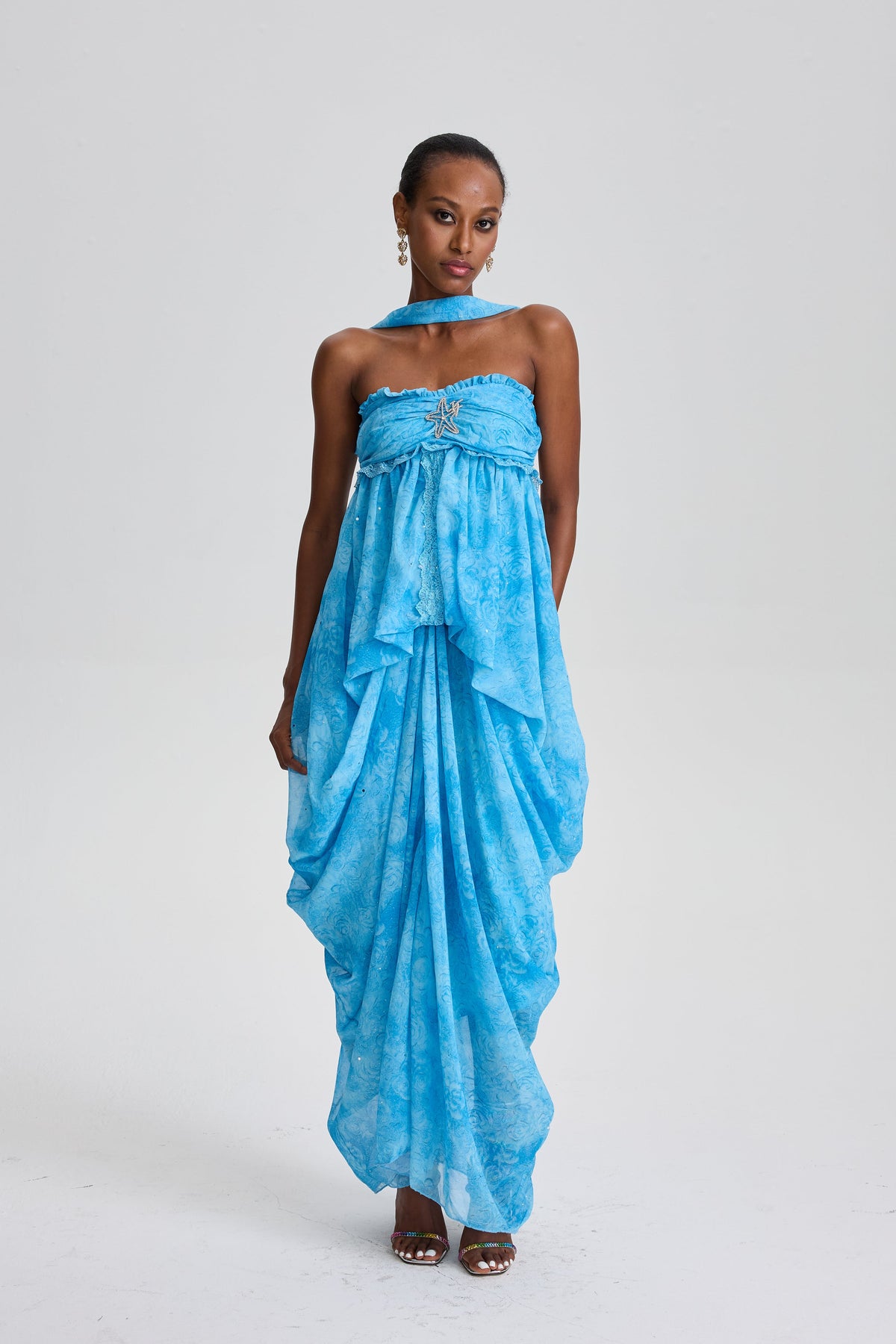Iphigenia Floral Strapless Ruffled Maxi Dress with Star Rhinestone Deco