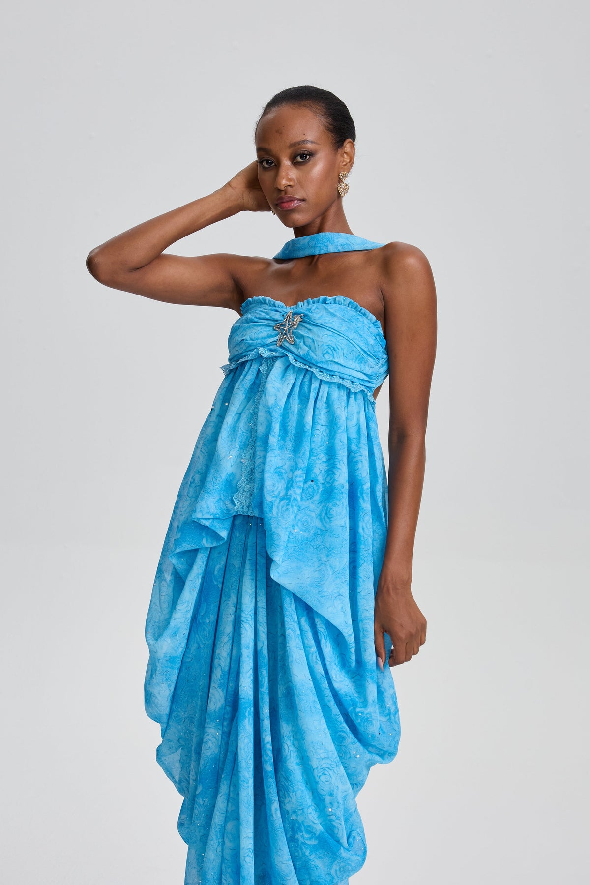 Iphigenia Floral Strapless Ruffled Maxi Dress with Star Rhinestone Deco