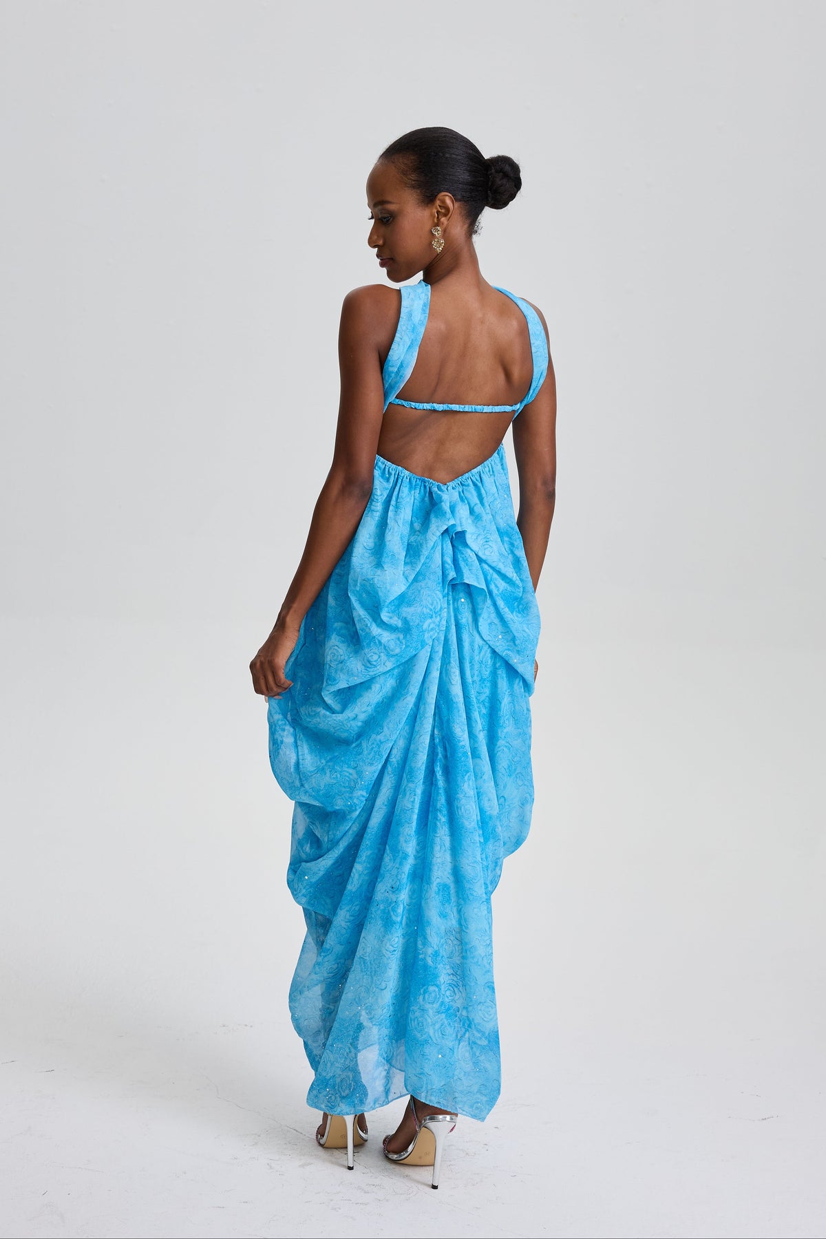 Iphigenia Floral Strapless Ruffled Maxi Dress with Star Rhinestone Deco