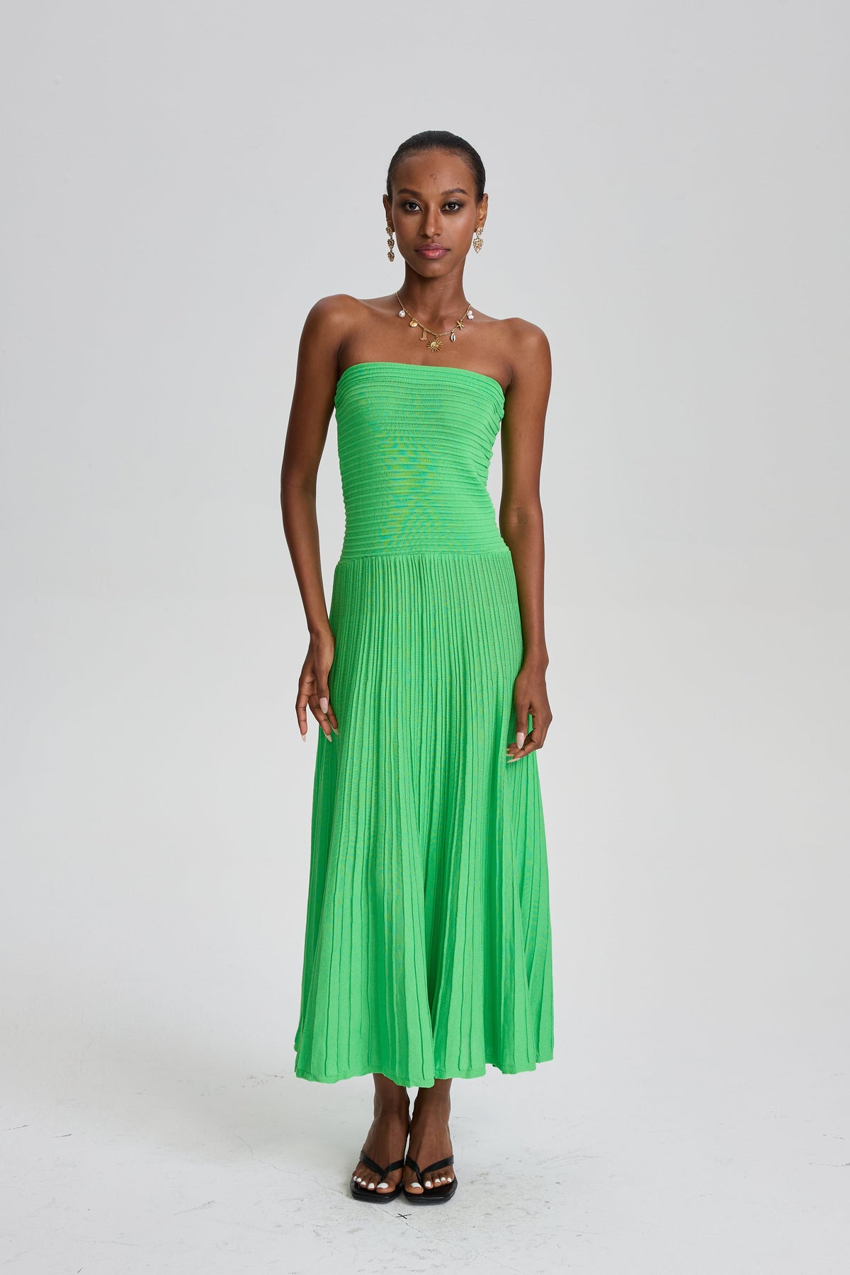 Ecem Bright Green Strapless Ribbed Pleated Midi Dress