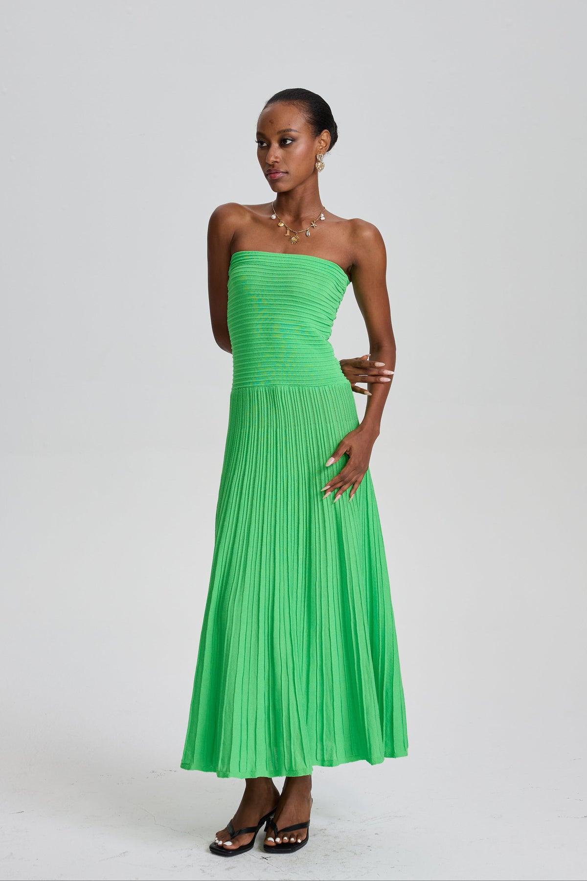 Ecem Bright Green Strapless Ribbed Pleated Midi Dress