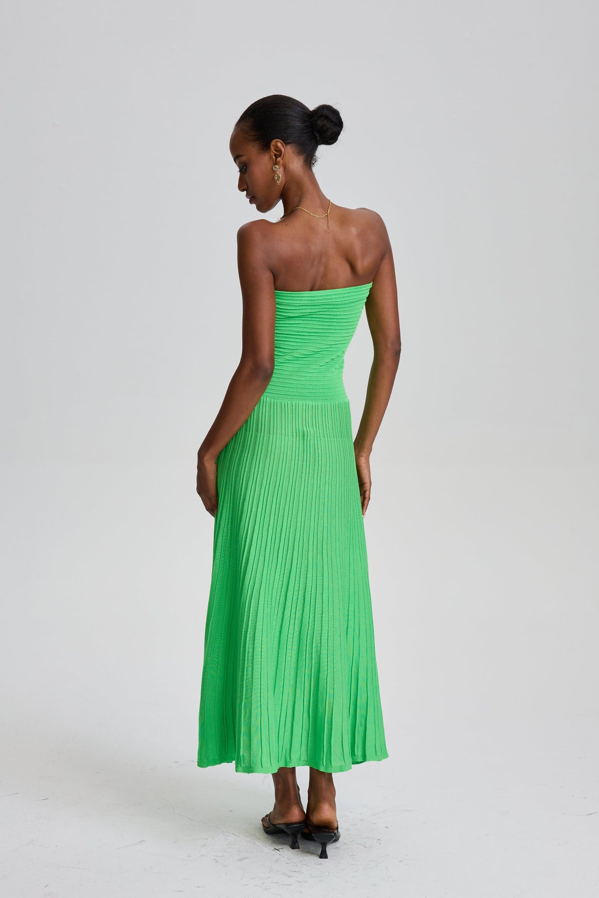 Ecem Bright Green Strapless Ribbed Pleated Midi Dress