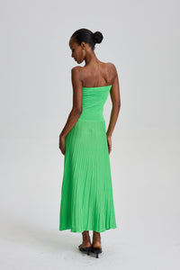 Ecem Bright Green Strapless Ribbed Pleated Midi Dress
