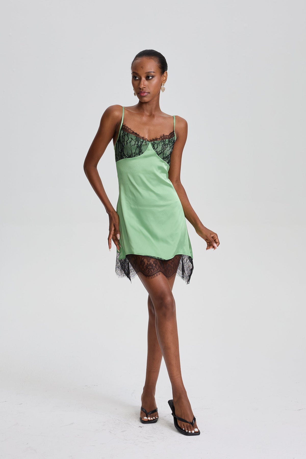 Sidonie Spaghetti Strap Mini Slip Dress with Contrast Lace Trim