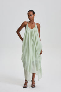 Damaris Halter V-Neck Oversized Wrap Midi Dress in Pale Sage Green