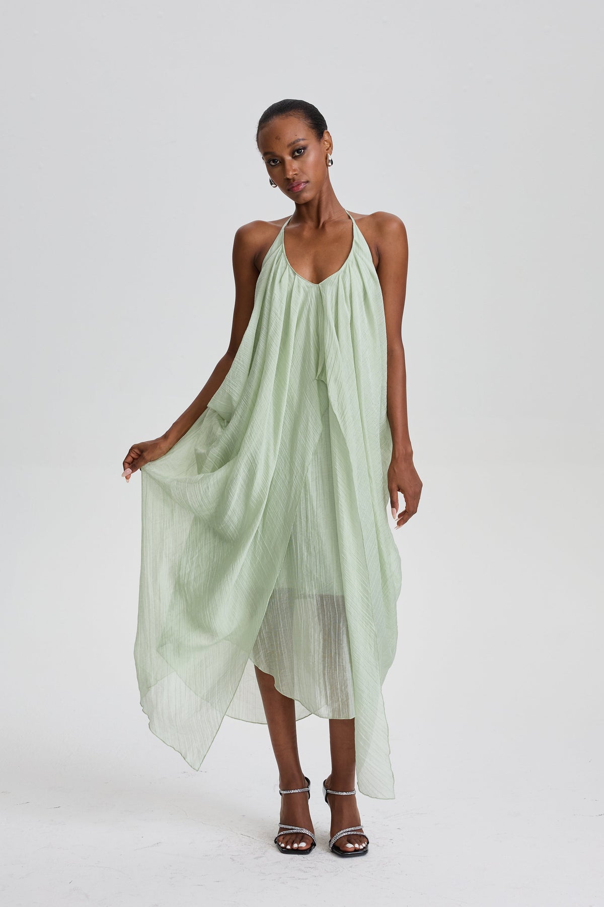 Damaris Halter V-Neck Oversized Wrap Midi Dress in Pale Sage Green