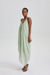 Damaris Halter V-Neck Oversized Wrap Midi Dress in Pale Sage Green