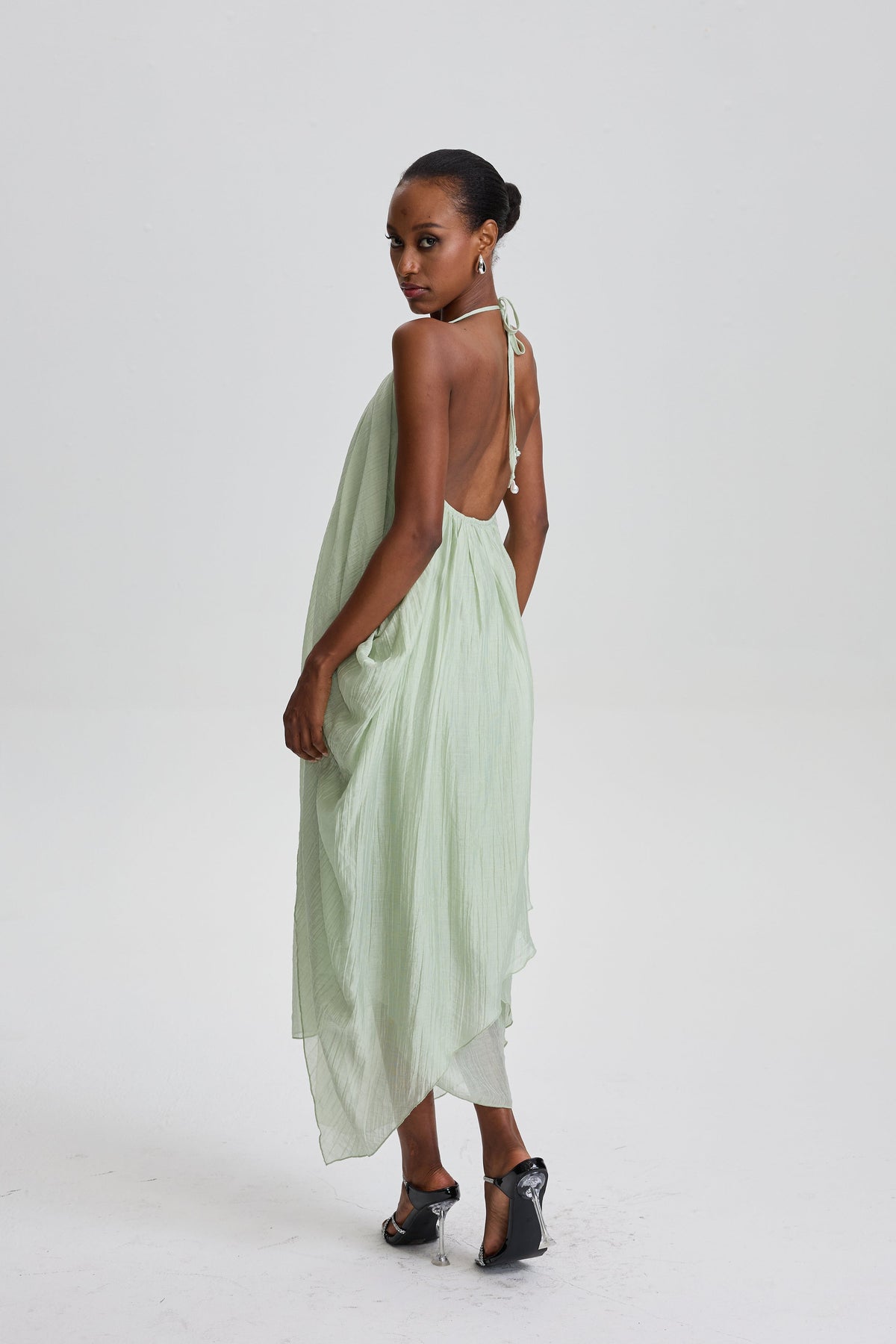 Damaris Halter V-Neck Oversized Wrap Midi Dress in Pale Sage Green