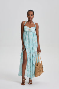 Damaris Floral Halter Maxi Dress with Starfish Ornament