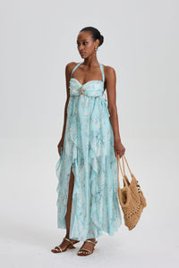 Damaris Floral Halter Maxi Dress with Starfish Ornament