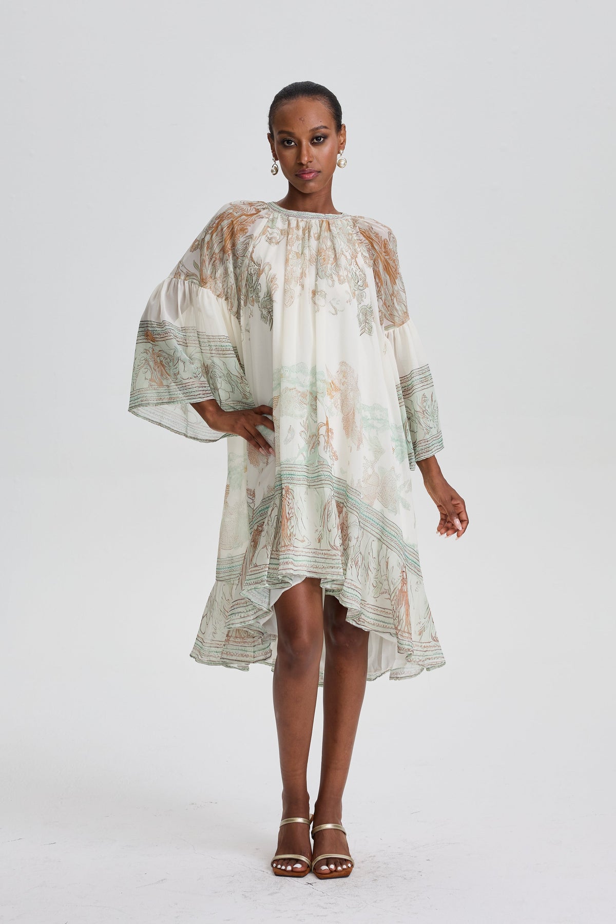 Siosi Bell Sleeve Print Ruffle Mini Dress