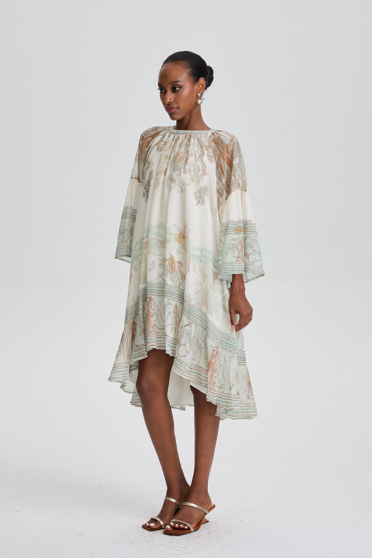 Siosi Bell Sleeve Print Ruffle Mini Dress
