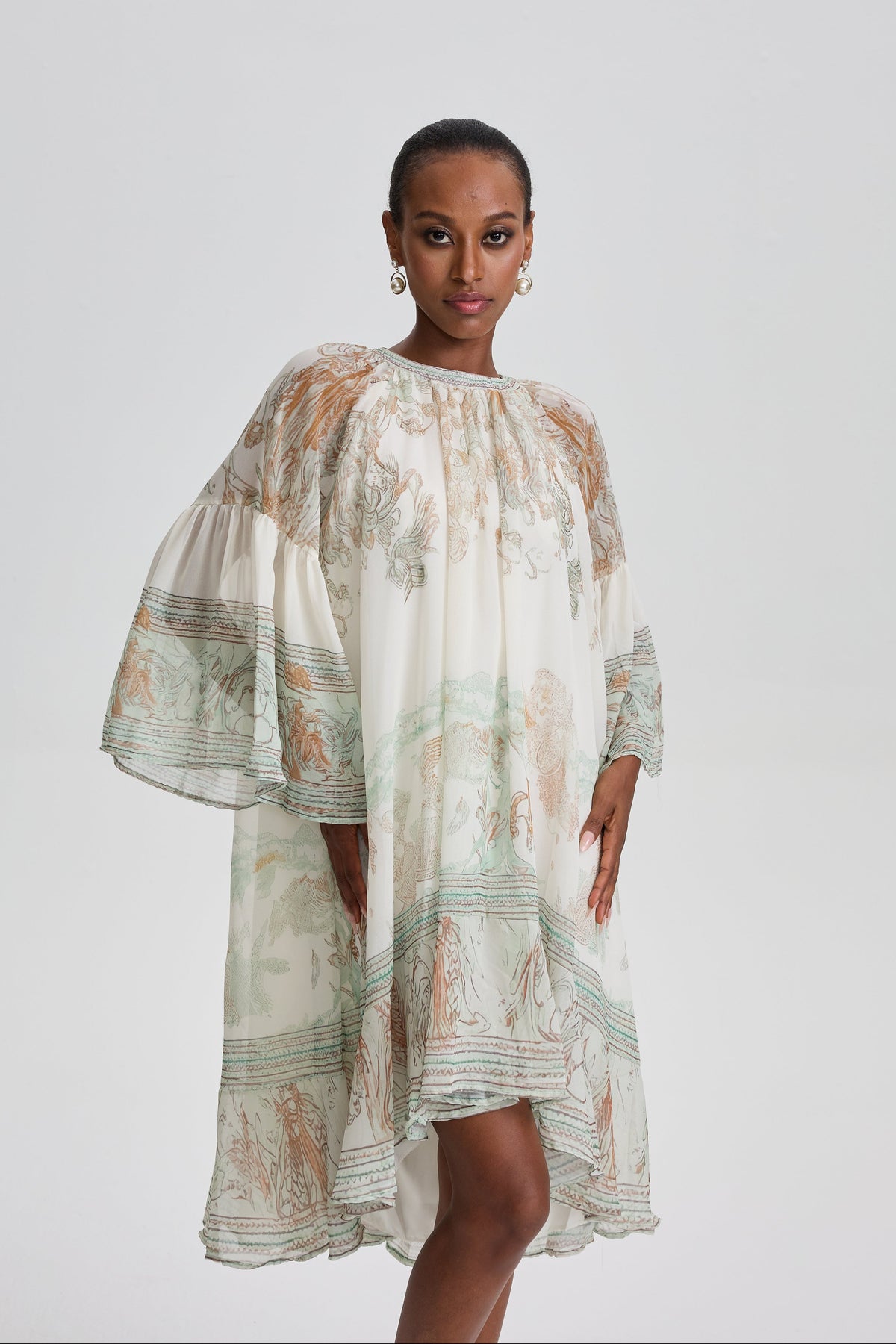 Siosi Bell Sleeve Print Ruffle Mini Dress