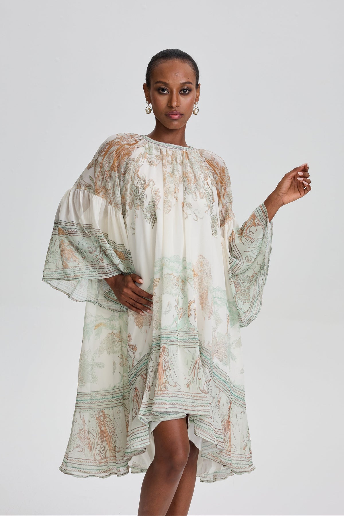 Siosi Bell Sleeve Print Ruffle Mini Dress