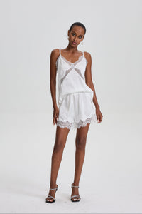 Satin Cami Pajama Short Set with Lace Cutout Details